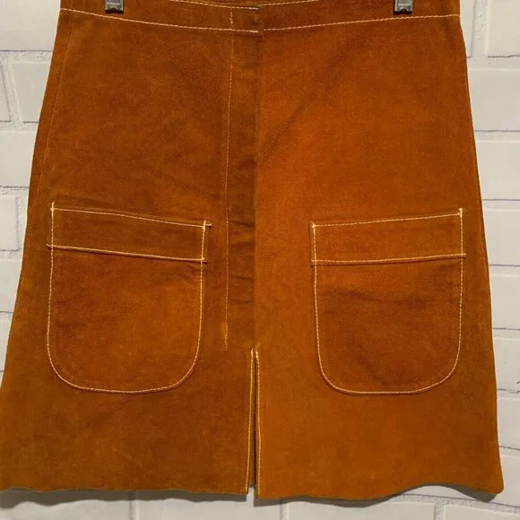 Vintage 60's-70's Sz 11 Brown A-line Suede Leather Skirt W/Pockets Hippie Boho - Picture 4 of 13